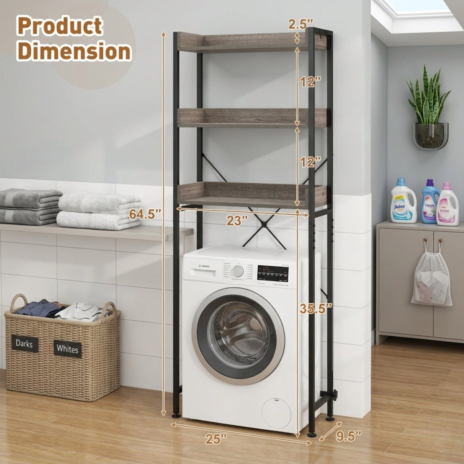 Vebreda Over-the-Toilet Storage, Over The Toilet Storage Rack with Hooks and Adjustable Bottom Bar, Large Storage Space, Make Full Use of Space