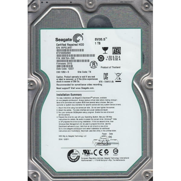 ST31000525SV, 9VP, TK, PN 9SK154-500, FW CV12, Seagate 1TB SATA 3.5 Hard Drive