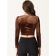 thumbnail image 3 of Top corto de terciopelo de manga larga para mujer Blusa informal con cuello cuadrado marrón S, 3 of 6