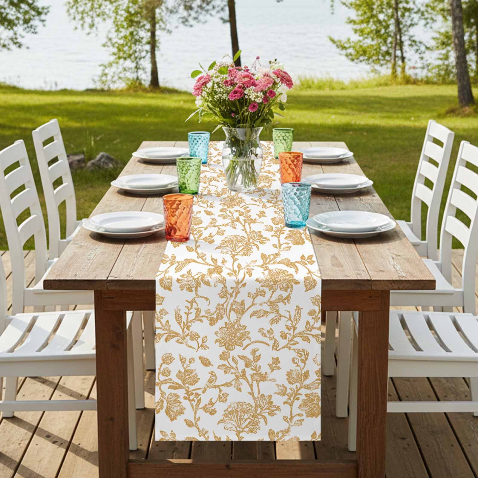 Orange Flower 120 Inch Table Runner, Vintage Farmhouse Boho Leaf Spring Plant Farmhouse Dresser Scarf Cotton & Linen Tablerunner for Dining/Kitchen Island/Holiday Party Décor 13" x 120"