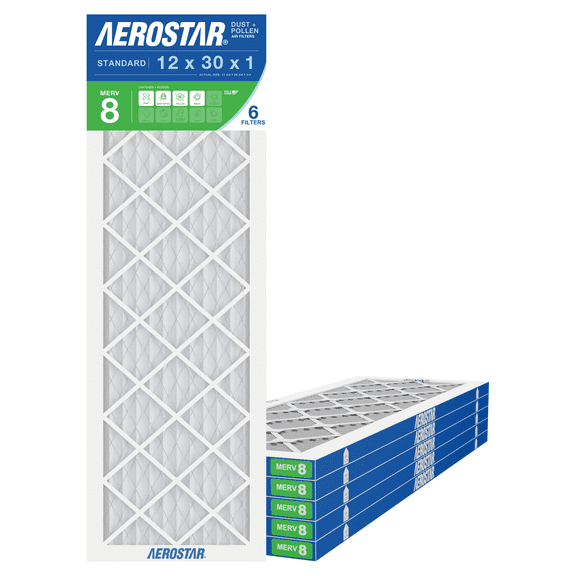 Aerostar 12x30x1 MERV 8 Air Filter, Pleated AC Furnace HVAC, Dust Pollen Pet Dander, 6 Pack