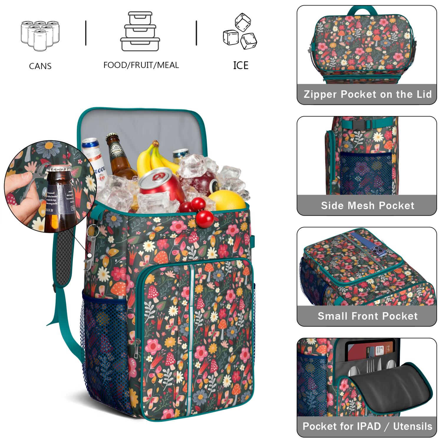 Travel Cooler Bag - Pioneer Flower Floral Print Pattern Camping Beer Cooler Backpack with Bottle Opener- Waterproof Insulated Picnic Backpacks - Cooler Bag for Beach