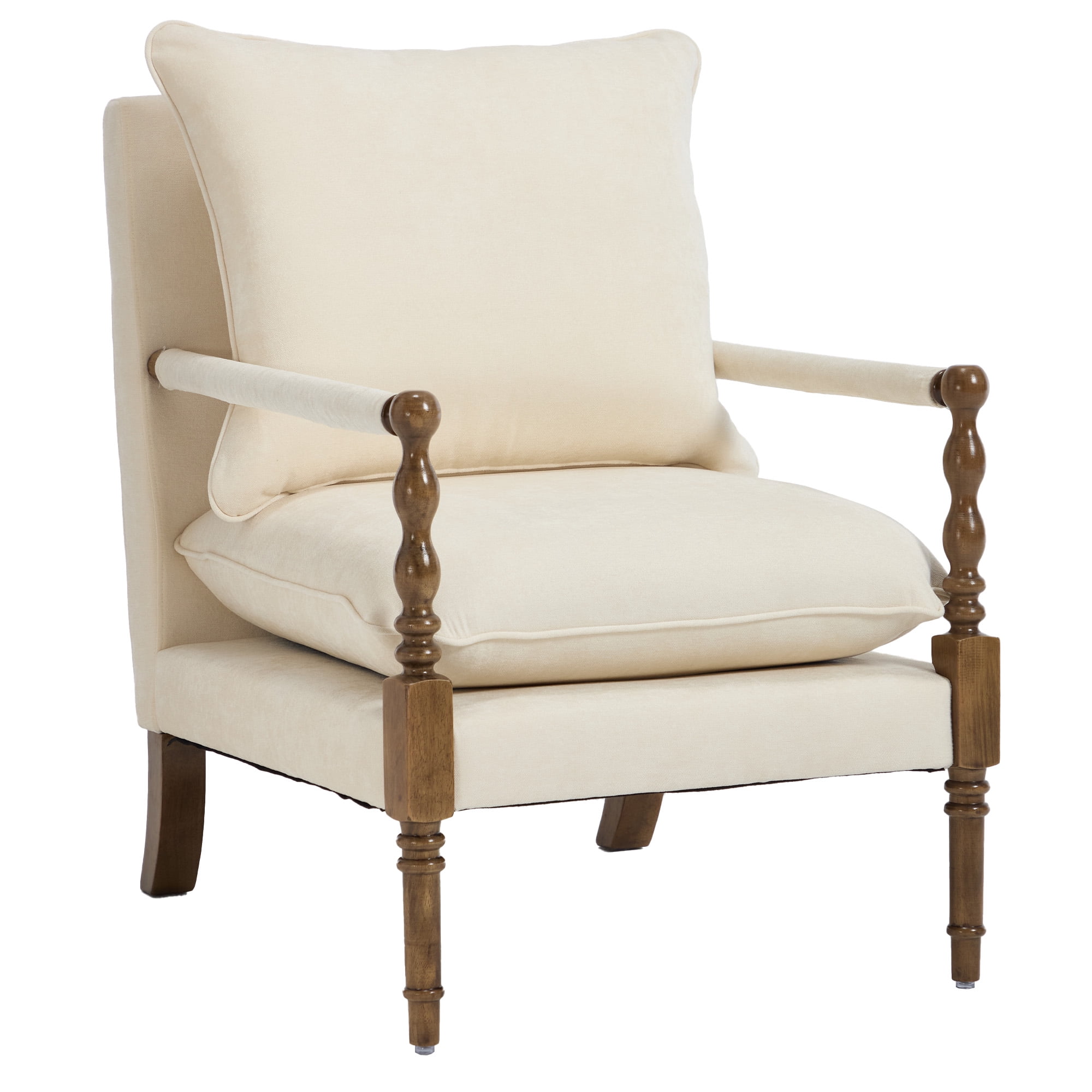 Mid-Century Modern Spindle Armchair,Linen Accent Chair with Cushion & Wood Frame for Living Room Bedroom Office,Beige