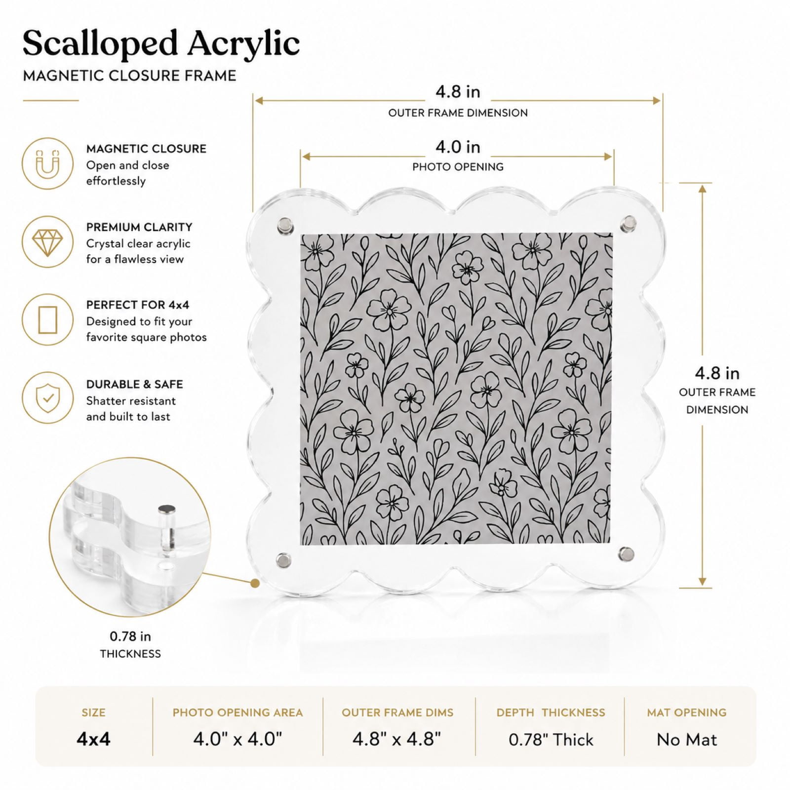 Snap Acrylic Scallop Block Frame for 4x4 Photos, Modern Décor