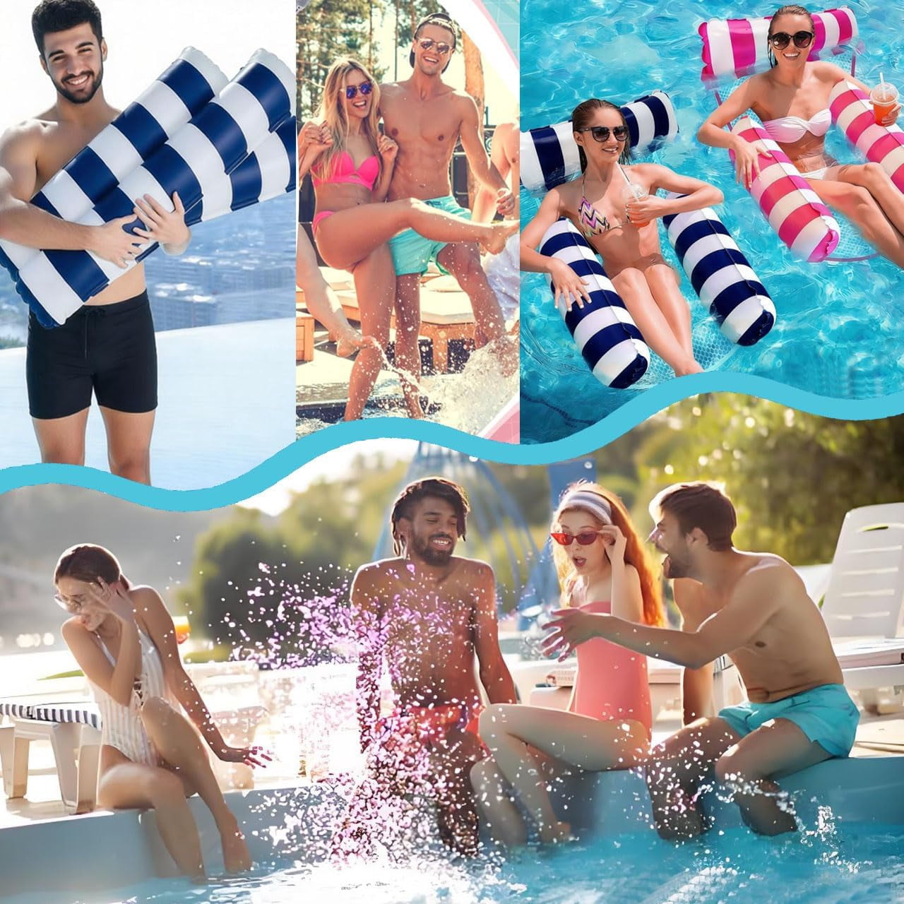 2 Pack Swimming Pool Inflatable Pool Floats Portable Floating Chair Bed for Travel 4-in-1 Pool Hammock with Bottom Mesh 3 Tubes Inflatable Hammock for Adults,