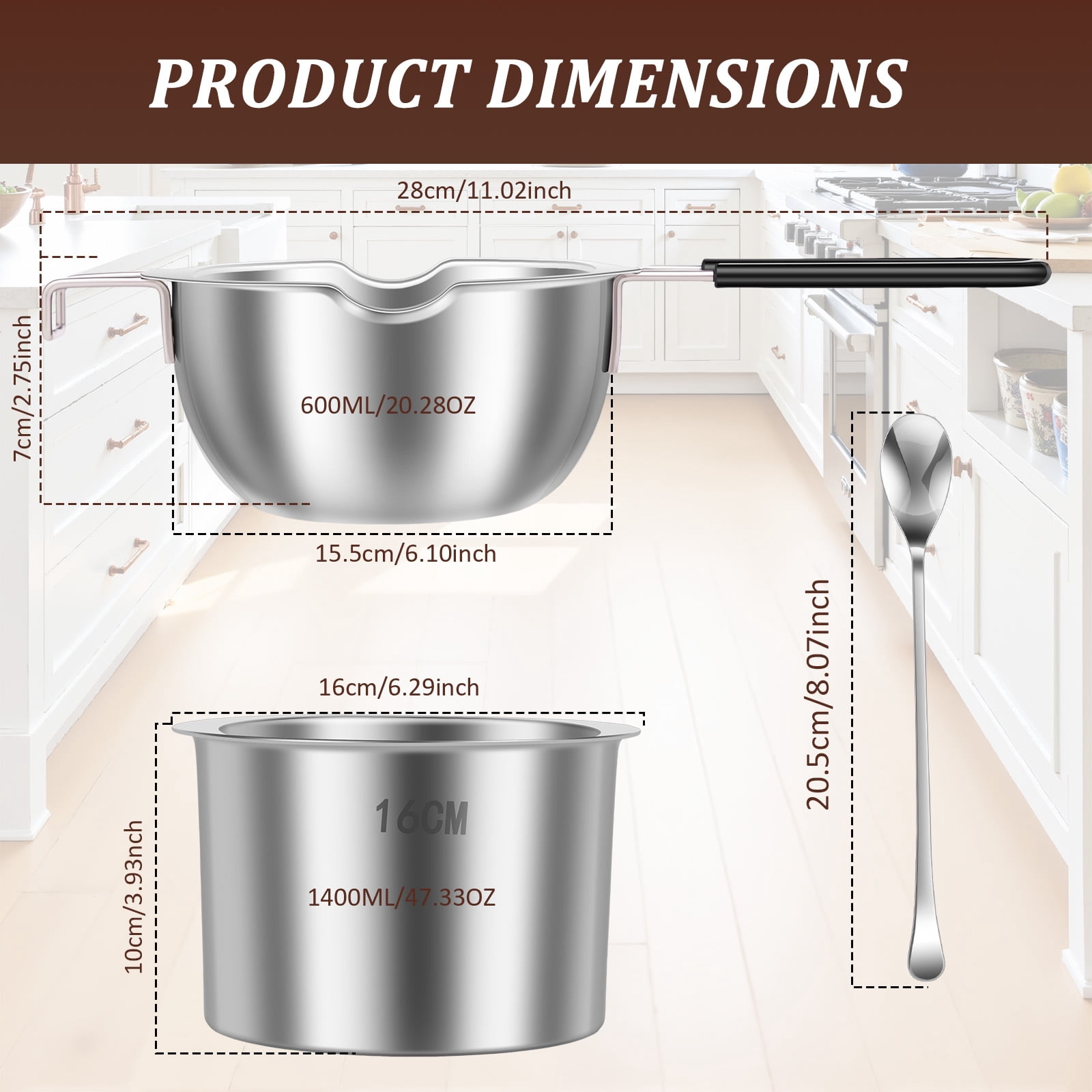 304 Stainless Steel Double Boiler Pot Set 20.28oz Melting Pot with Heat Resistant Handle and Spout 47.33oz Outer Pan Spoon,30.43oz Measuring Cup for Chocolate Butter Candy Making