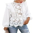 thumbnail image 1 of Women Lace Hollow Blouses Ruffles Long Sleeve O-Neck Patchwork Shirts Tops, 1 of 4