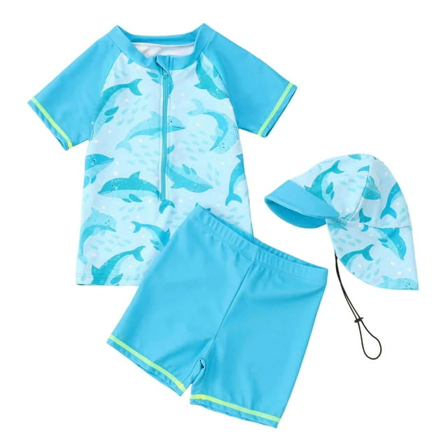 Sunnyoo Boys 3-Piece Swimsuit UPF 50+ Short Sleeve Rash Guard Swim Trunks with Hat, Sizes 6M-4T