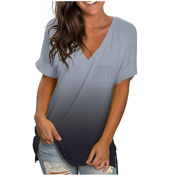 VANLOFE V-Neck T-Shirts Gray Blouses for Women Gift for Daughter Women's Fashion Pockets Casual Gradient V-neck Short Sleeve Loose T-shirt Tops