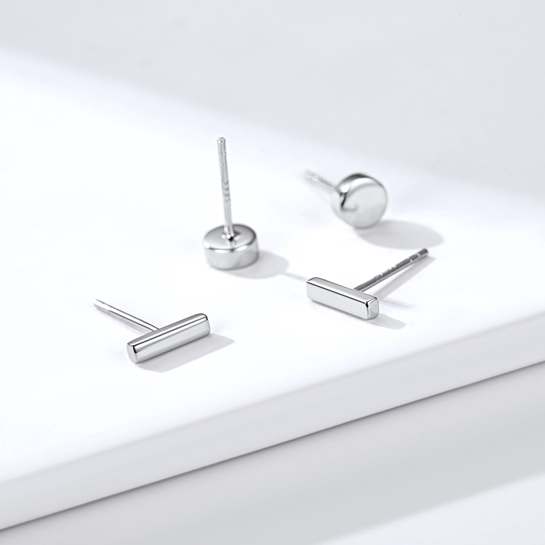 ChicSilver 2 Pairs 925 Sterling Silver Bar Stud Earrings for Women Cute Dot Stud Earring Set Hypoallergenic Small Round Earring Studs Set for Sensitive Ears