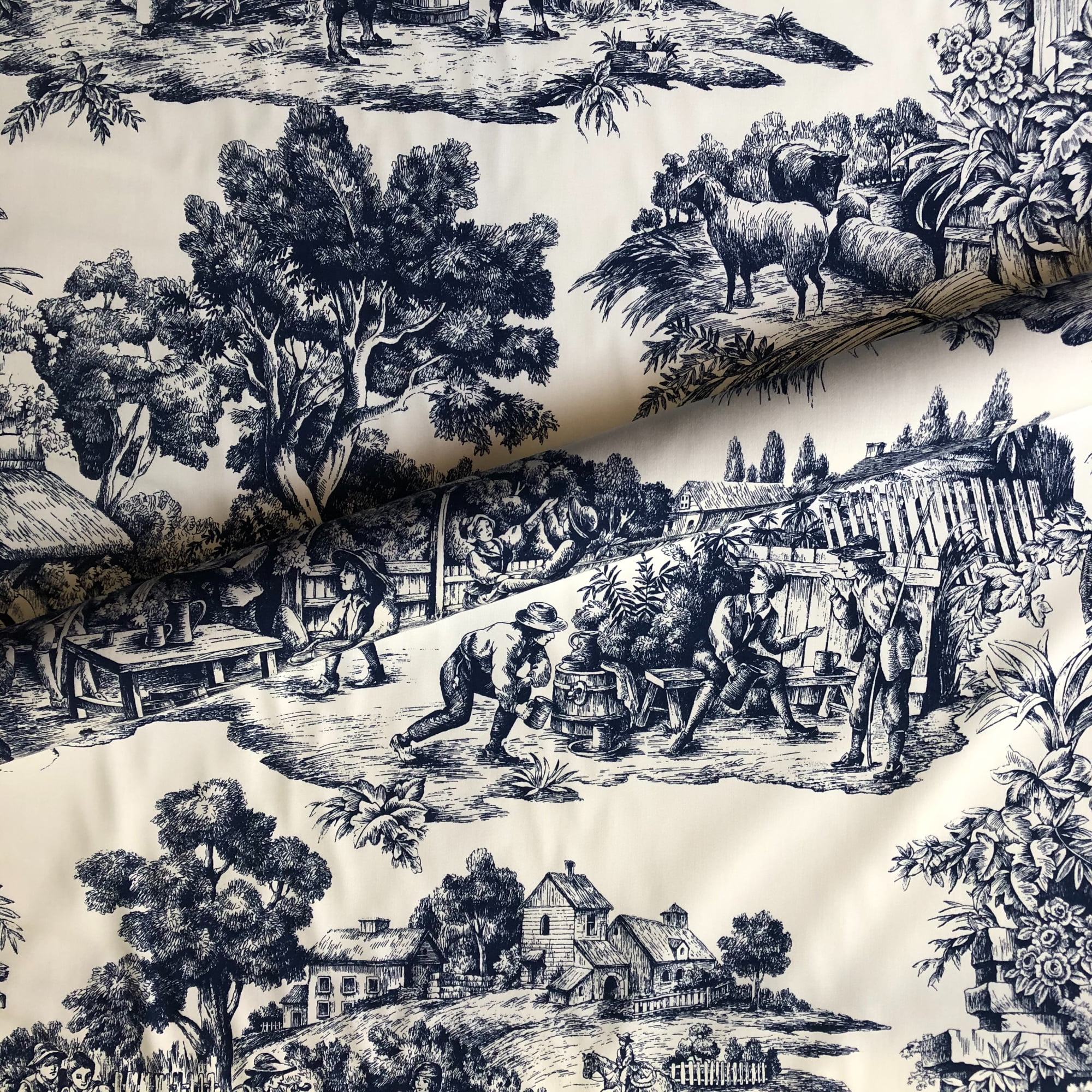 Navy Blue Traditional Toile Cotton Upholstery Fabric 54" by the Yard