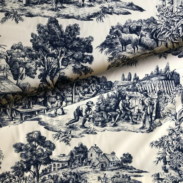 Navy Blue Traditional Toile Cotton Upholstery Fabric 54" by the Yard