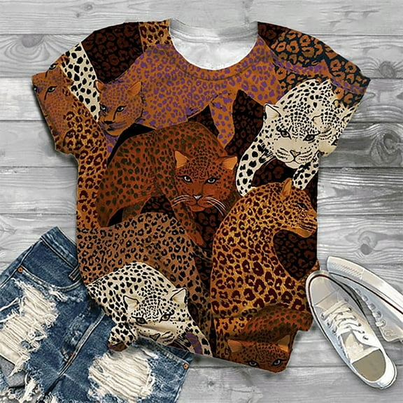 OKBOP Rust Colored Tops for Women,Fashion Cute Leopard Print Pullover Casual Bottom Shirt Short Sleeve Blouses & Button-Down Shirts Shirts for Women