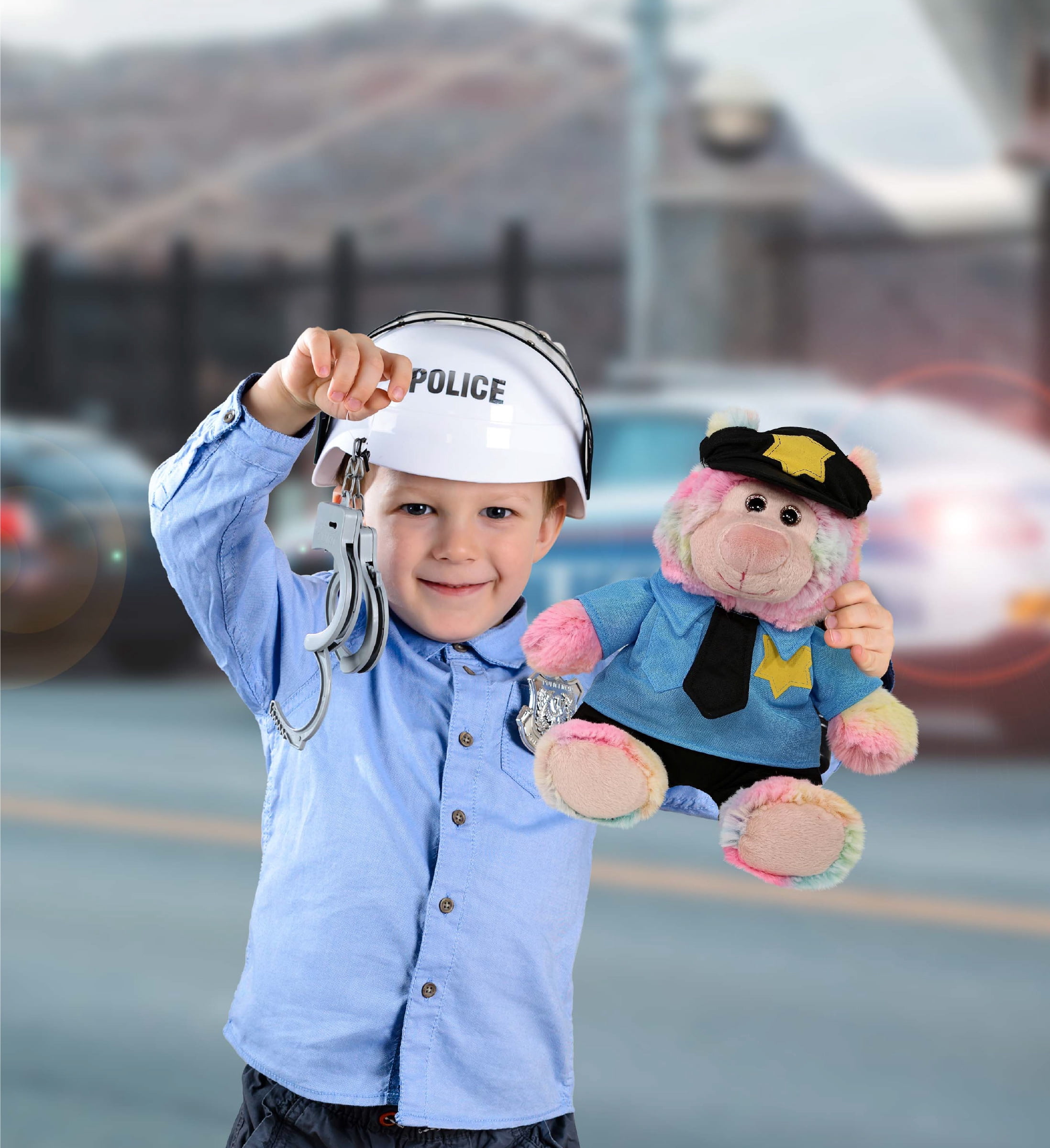 DolliBu Rainbow Bear Police Officer Plush Toy – Super Soft Rainbow Bear Cop Stuffed Animal Dress Up Cop Uniform and Cap Outfit, Cute Fluffy Bear Policeman Toy Plush Gift for Kids – 9 Inches