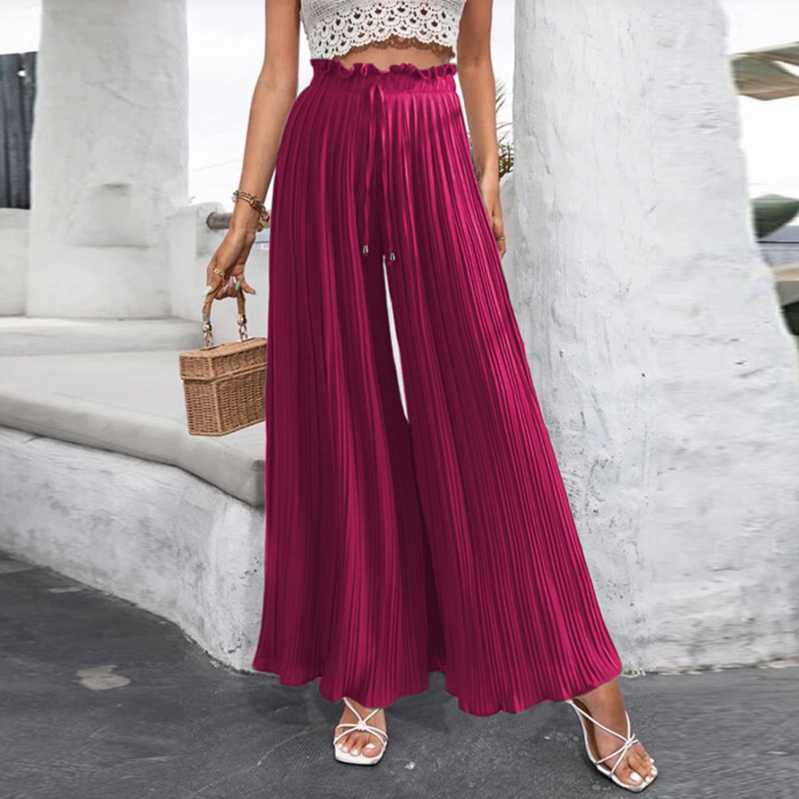 Palazzo Pants pour Femme Elastique Taille Haute Cordon de Serrage Plisse Jambe Large Pants Pantalon de Salon Decontracte Fluide Walmart