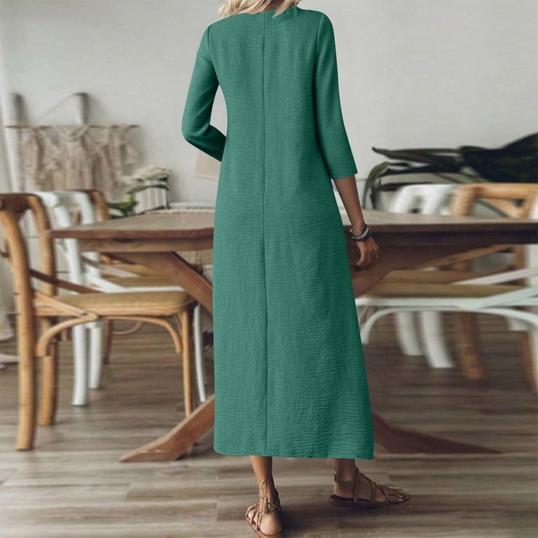 Vekdone Linen Maxi Dress for Women Summer 3/4 Sleeve V-Neck Boho Long Dress Elegant Solid Color Loose Fit A-Line Dress Mint Green XXL, Women's, Size: