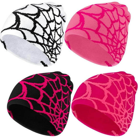 4 Pcs Y2K Beanies Spider Web Pattern Beanie Gothic Acrylic Knitted Hat Casual Streetwear Outdoor for Men