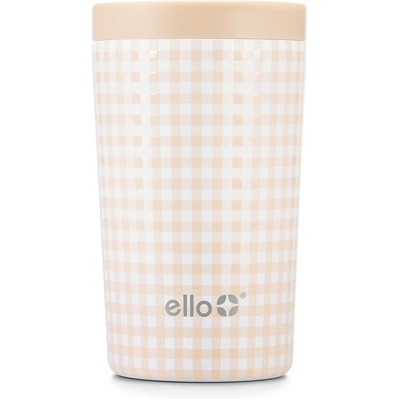 Jones 11oz Insulated Stainless Steel Travel Mug with Leak-Proof Slider Lid, Single Serve Small Coffee Tumbler, Keeps Drinks Hot 3 Hours Cold 8 Hours, BPA-Free, Beige Gingham