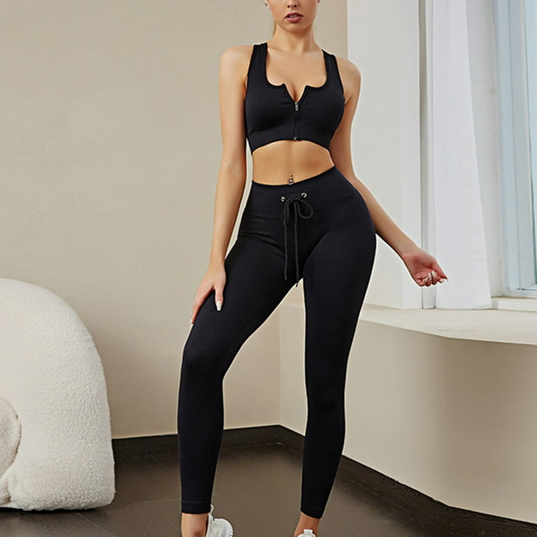 Seamless 2 Piece Outfits for Women Ribbed Long Sleeve Zip Front Crop Top  High Waist Leggings Set Yoga Workout Sets