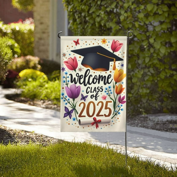 Spring Summer Garden Flags 12X18 Double Sided Class Of 2025 Congrats Black Graduation Cap Yard Flag Is Decorated With Garden Flags For Outside Flower Seasonal Farmhouse Yard Outdoor Flag