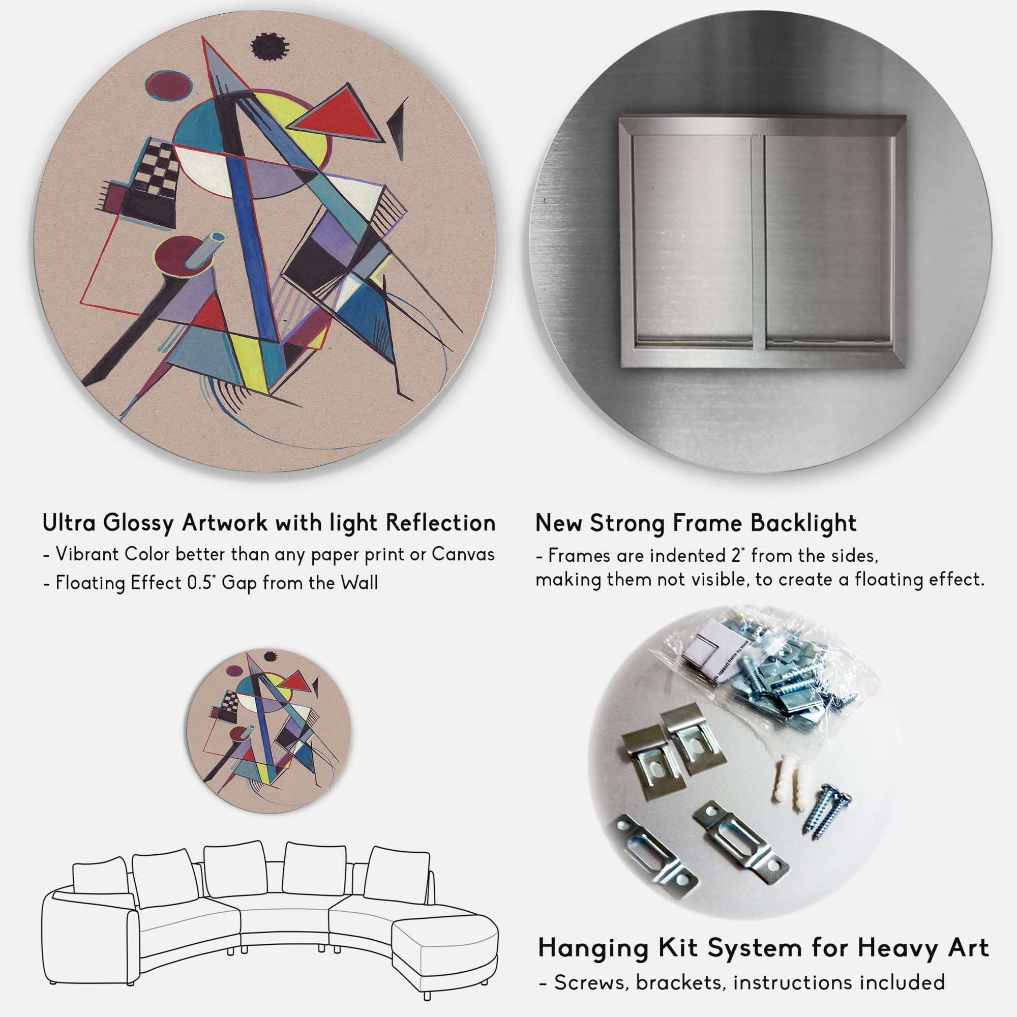 Designart 'Abstract Compositions Of Colored Geometric III' Modern Circle Metal Wall Art 36x36 - Disc of 36
