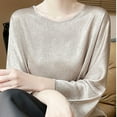 thumbnail image 5 of SSZMDLB Women Silk Satin Long Sleeve Tshirt Round Neck Flowy Casual Basic Blouse Travel Vacation Outfits Summer Tops, Beige L, 5 of 6