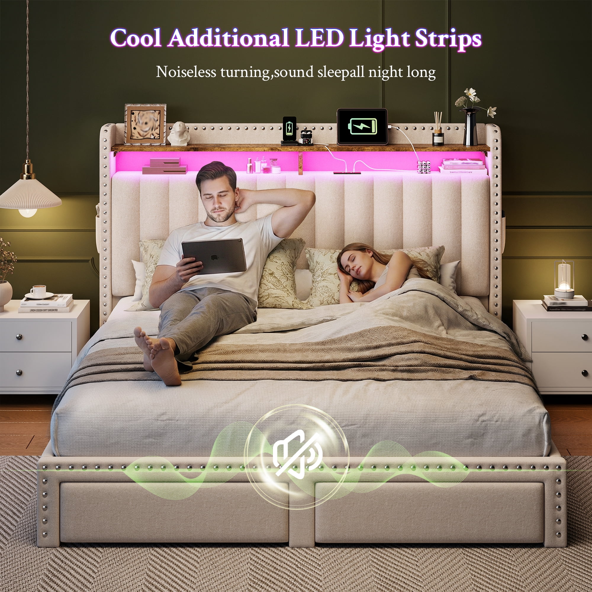 Queen Size Bed Frame with 2 Storage Drawers Upholstered Bed Frame with 2-Tier Storage Headboard & Charge Station & LED Light,Beige