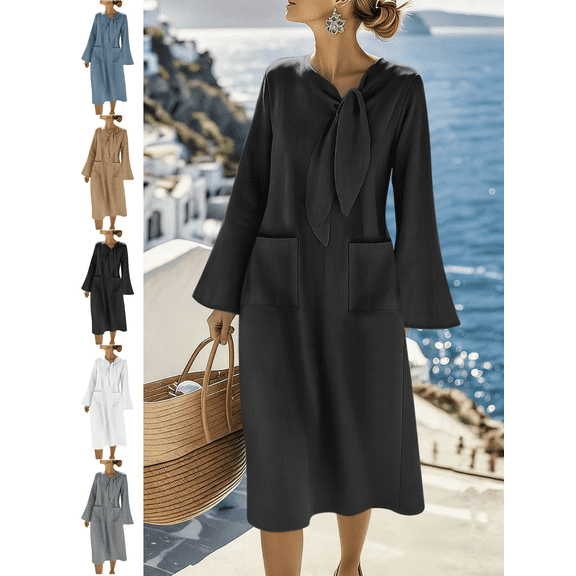 Mifsaly Vacation Dresses for Women Linen Dress Maxi Long Sleeve Bow-Tie Elegant Beach Dress Lightweight Spring Summer Outfits with Pockets 2026 XXXL