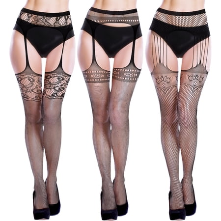 Bocaoying 3 Pcs Suspender Lace Stockings with Stretch Waistband, Sexy Hollow Printing Suspender Pantyhose, Sheer Thigh High Fishnet Tights with Garter for Women Cosplay