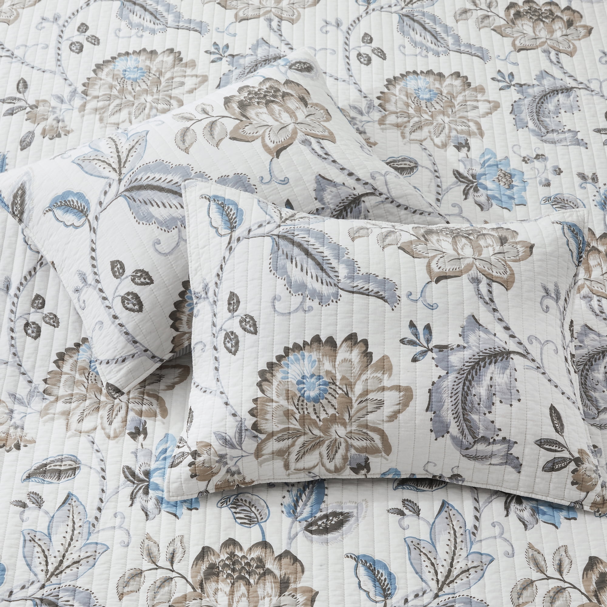 Levtex Home - Maileen Neutral Blue Quilt Set - King Quilt and Two King Shams - Floral - Taupe Blue and Cream - Quilt (106x92in.) and Shams (20x36in.) - Reversible - Cotton