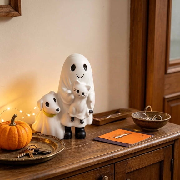 Aonerit Ghost Hugging Statue, Cute Halloween Resin Figurine, Spooky Tabletop Ornament, Fall Pumpkin Ghost Decor, For Home Shelf Mantel