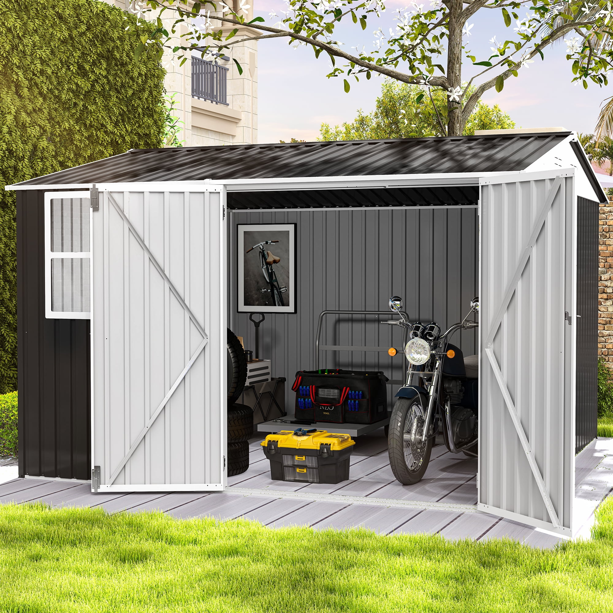 8x10ft Outdoor Storage Shed,Tool Shed with Window,Lockable Doors,and Angled Roof,Large Steel for Backyard,Yard,Garden,Porch,Garage