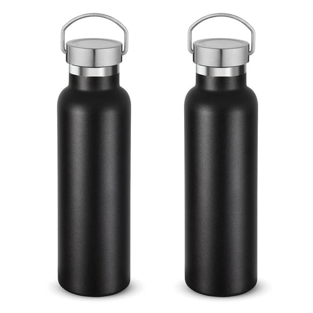 Botellas de agua aisladas de 20 oz a granel, paquete de 2, botella deportiva de doble pared de acero inoxidable, termos reutilizables de metal (negro, juego de 2)