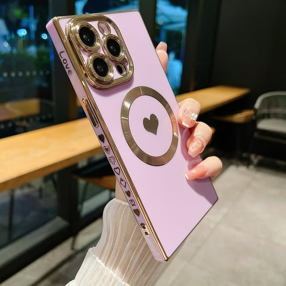 Allytechgroup for iPhone 13 Cute Love Heart Pattern Phone Case, Compatible with MagSafe Plating Electroplated Soft TPU Slim Shockproof Dustproof Magnetic Case for iPhone 13, Lightpurple