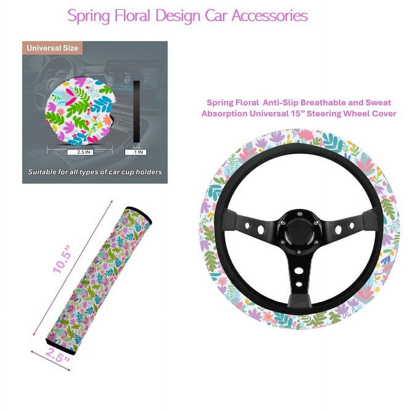Women's Spring Floral Car Accessory Set with Seatbelt Cover, Steering Wheel Cover, and Coasters