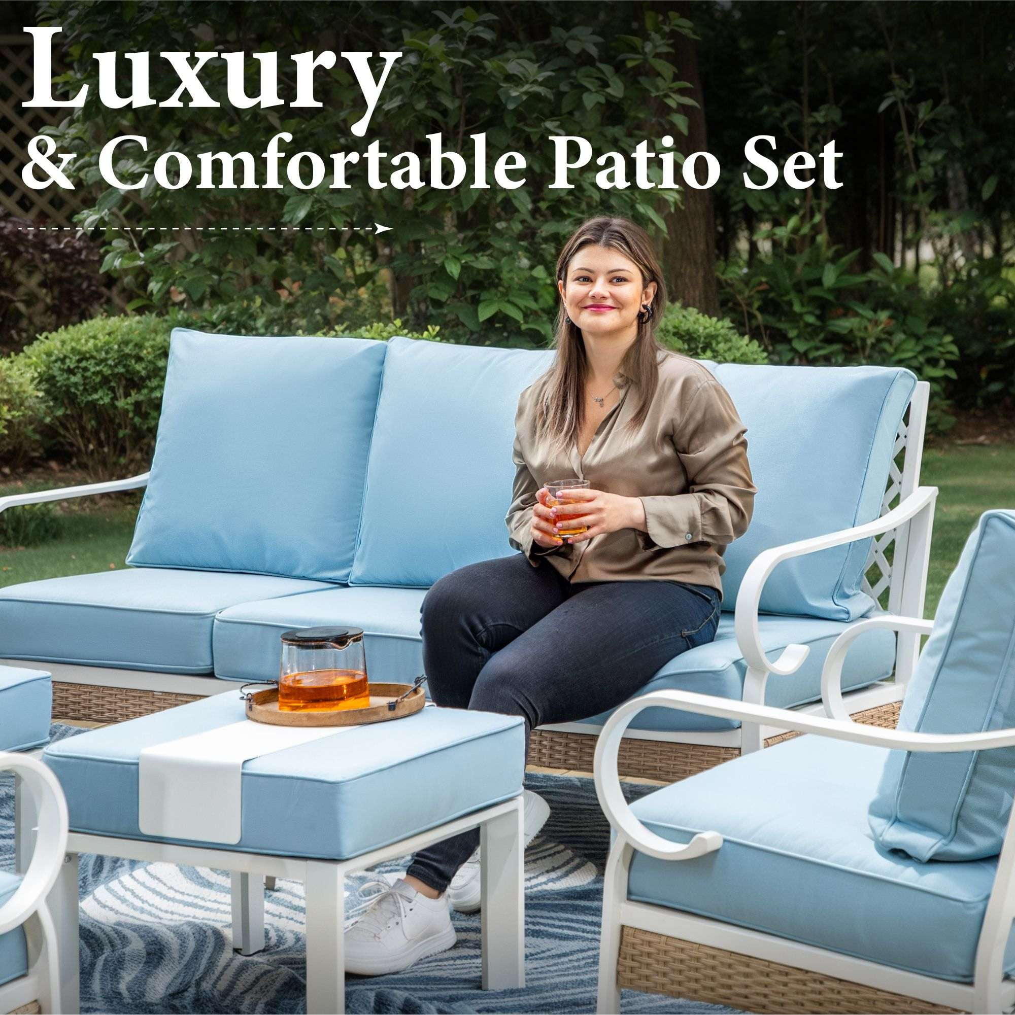 MF Studio 5-Seater Patio Conversation Set Metal Outdoor Furniture with Fixed Chair Sofa Blue