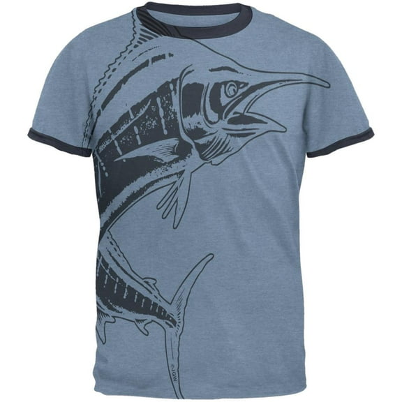 Marlin Deep Sea Predator Mens Ringer T Shirt Heather Blue-Navy SM