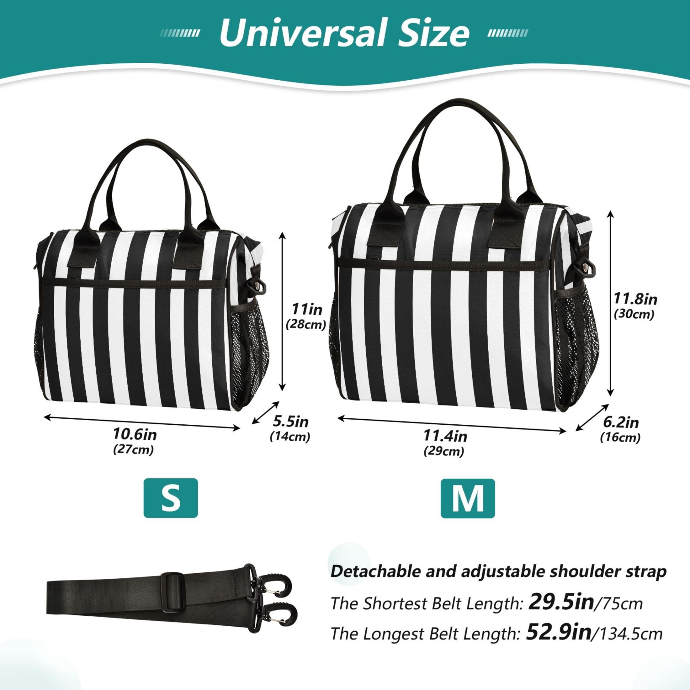Lunch Bag Insulated Lunch Box Leakproof Reusable Cooler Tote Adjustable Shoulder Strap for Men Women Black and White Striped 12L