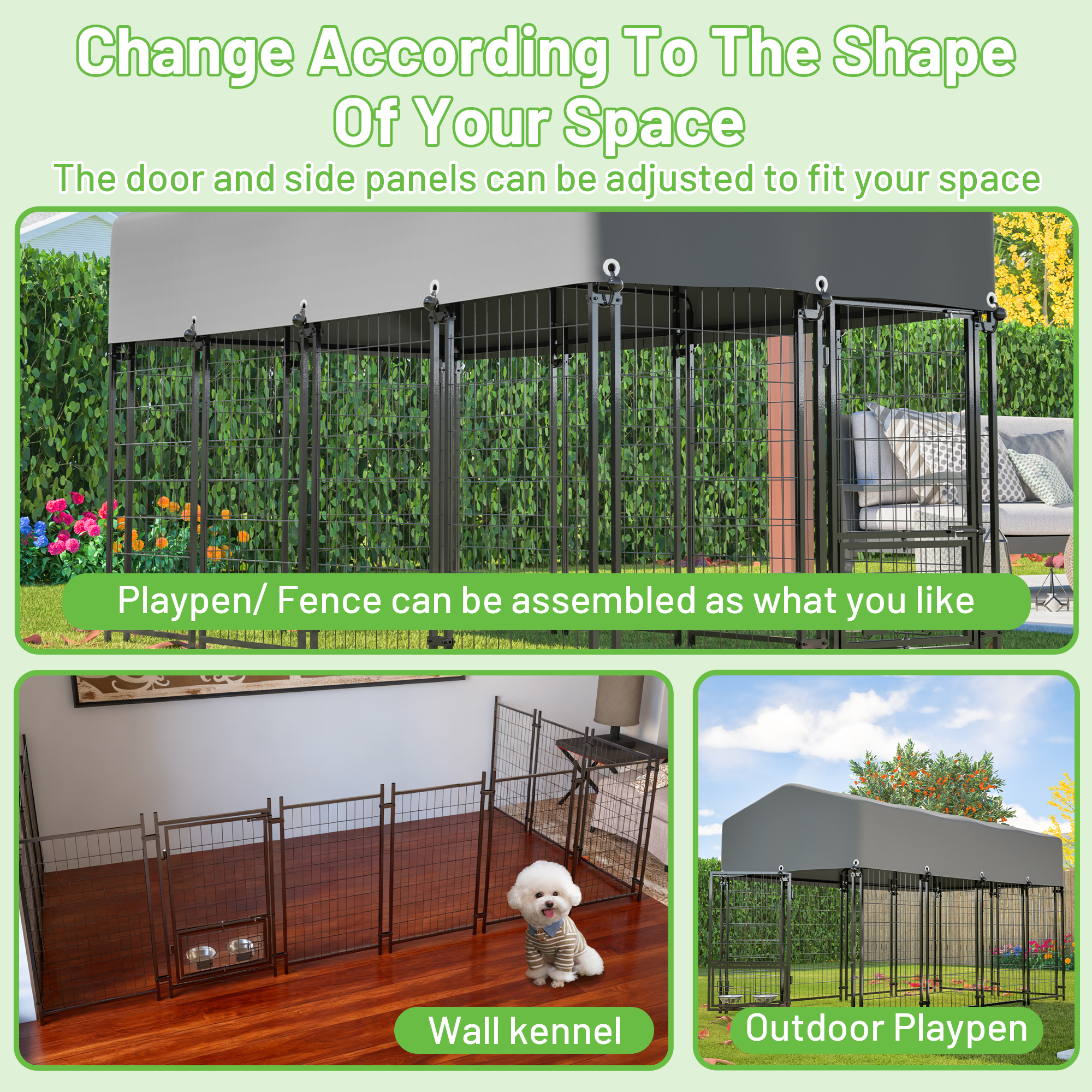 Outdoor Dog Kennel with Roof, 7.8'x3.8'x4.8' Welded Wire Dog Kennel Outside Run with 360° Rotating & 2 Bowls, for S&M&L Breeds, Chickens, Ducks