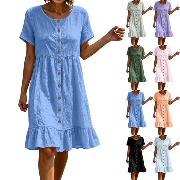 Summer Womens Plus Size Dress 100% Cotton Casual Short Sleeve V-Neck Button Front Hem Mini Dress