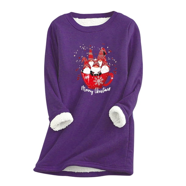 Camisas Navideñas Para Mujer, Camisetas de Manga Larga, Sudadera de Lana Gruesa, Ropa Interior Cálida de Cuello Redondo Con Estampado de Terciopelo Odeerbi ODB201214