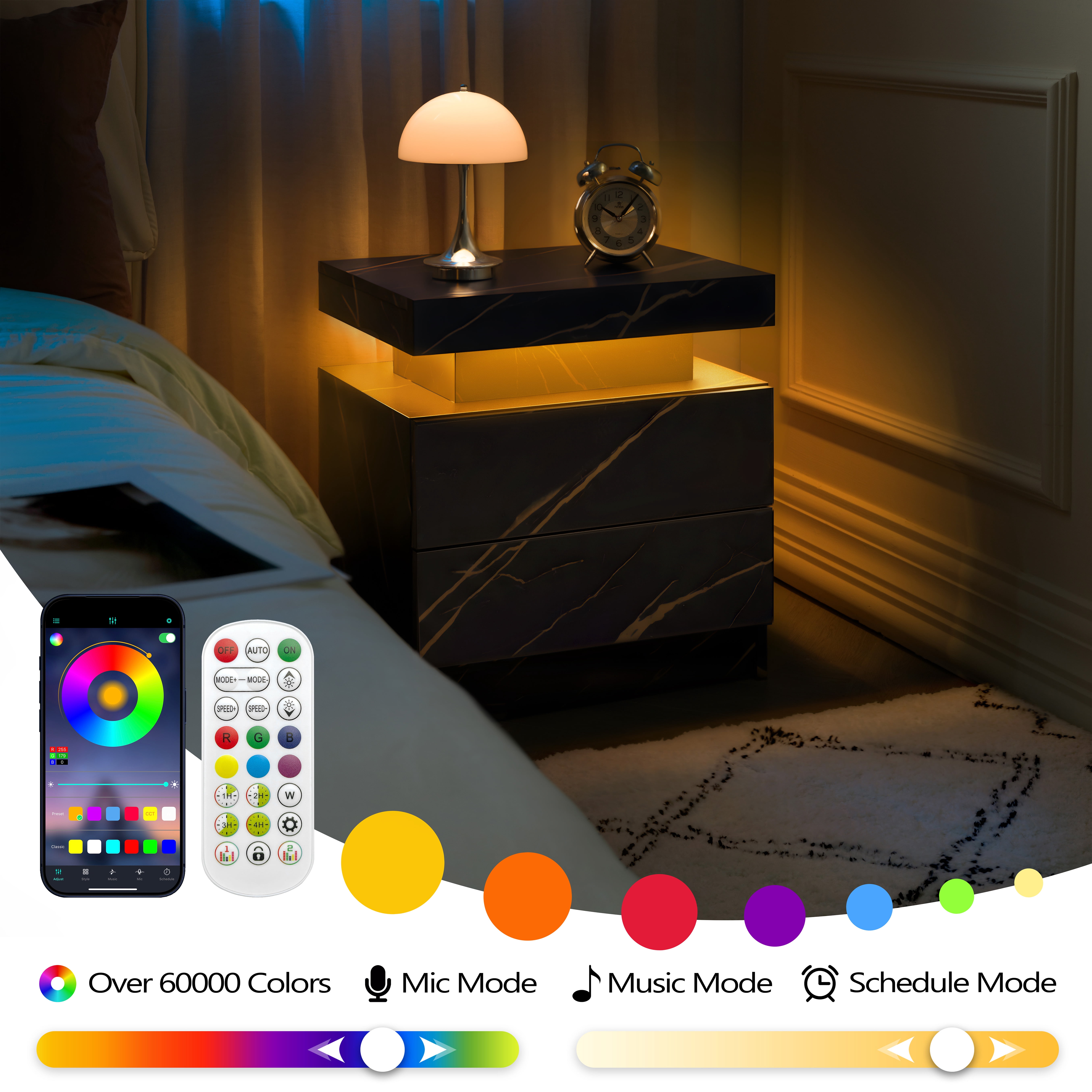 Nightstand LED Bedside Table Cabinet Lights Modern End Side with 2 Drawers for Bedroom (Black Gold)