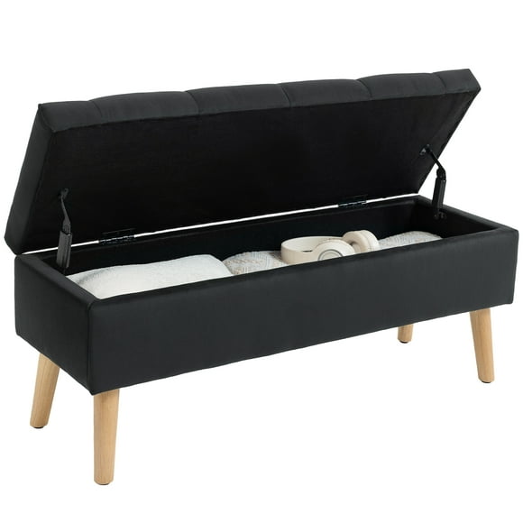 HOMCOM Upholstered Storage Ottoman Bench with Wood Legs, Black