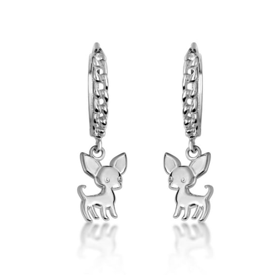 .925 Sterling Silver Chihuahua Pet Dog Cuban Link Huggie Earrings