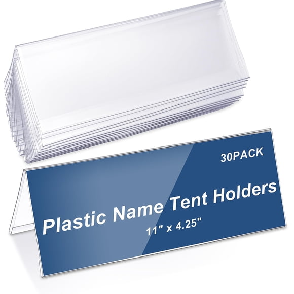 Vicenpal 30 Pieces Clear Plastic Name Tent Holders 11" x 4.25" Acrylic Name Plate for Desk PVC Card Tent Holder Desk Sign Frame for Table Office Busi