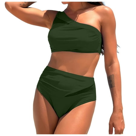 vigerkar Women One Shoulder High Waisted Bikini Sets Two Piece Swimsuit Tummy Control Bathing Suit Full Coverage Swimwear Green  M