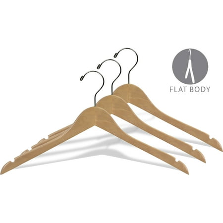 Wood Top Hanger with Natural Finish, (Box of 25) Space Saving 17 Inch Flat Wooden Hangers w/ Chrome Swivel Hook & Notches for Shirt Jacket or Dress by International