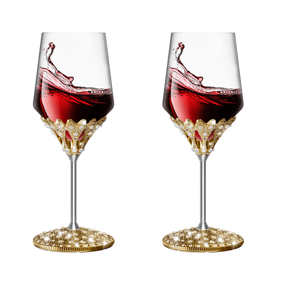 YMAM.LIGHT 11oz. Handmade Diamond-Encrusted Crystal Wine Glass, Lead Free Crystal Red Wine Glass Set, Gold Base, 2 Pack