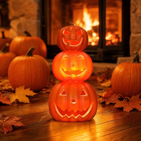 Halloween 3-Tier Stacked Blow Mold Jack O Lantern Large Hollow Smiling Face Pumpkin Decor Light Up Fall Harvest Centerpiece for Table Yard Indoor Outdoor Party Decoration