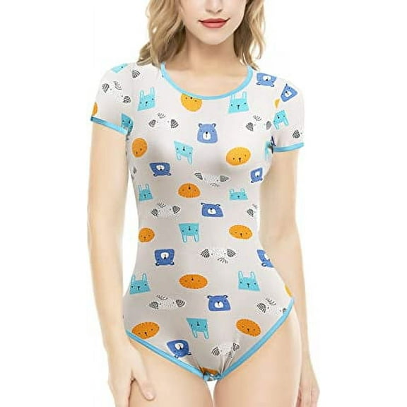CutiePlusU Cotton Button Crotch Adult Onesie Romper Bodysuit Pajamas- Cutie Little Bear Print Grey XS